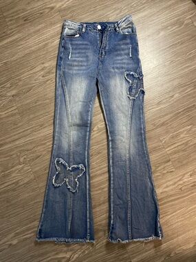 Y2K Butterfly Patch Flare Jeans Distressed Low Rise Boho Vintage Aesthetic Denim